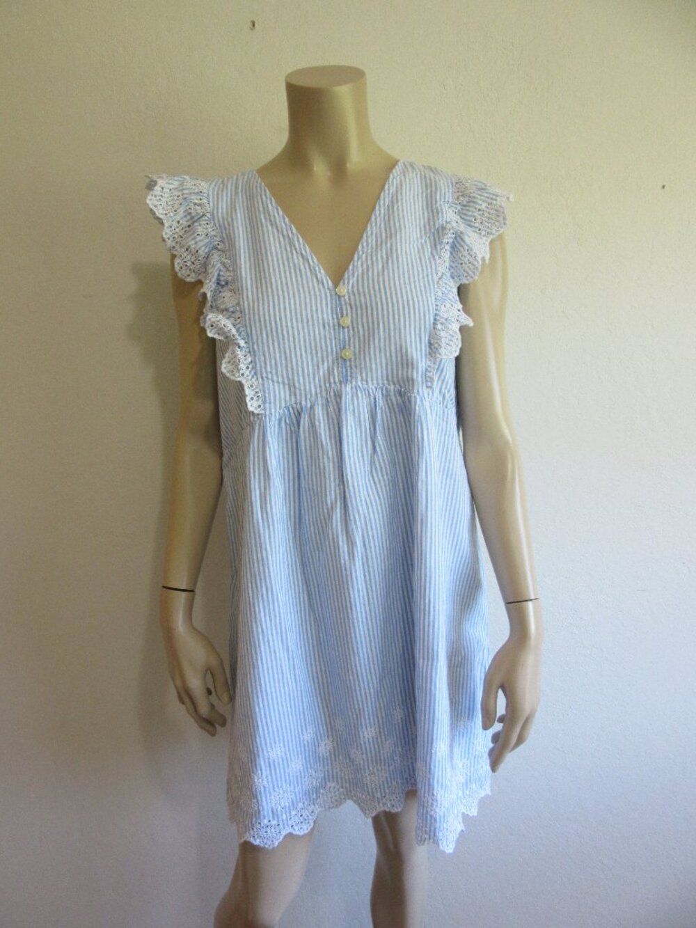 LOFT Blue & White Stripe Cap Sleeve LP Eyelet V-Neck Summer Cotton Dress